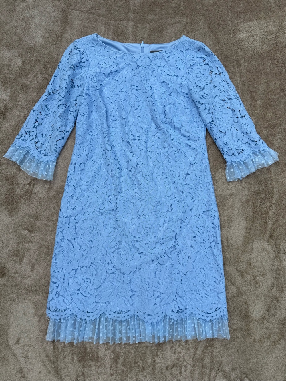 Vince Camuto Powder Blue Floral Lace Midi Dress with Polka-Dot Sheer Trim